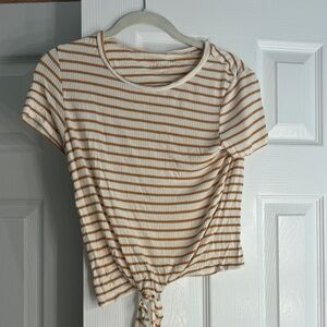 Striped Knot-Front Women's Top - White and Brown
